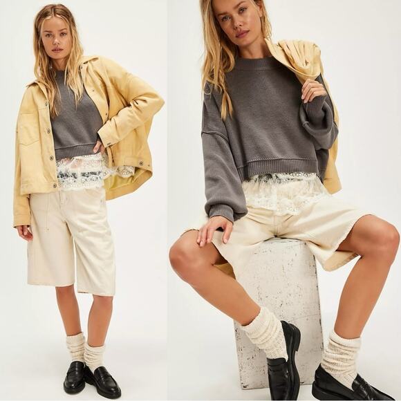 Free People Easy Street Crop Pullover Sweater in Grey Size Large Preppy Fall - Picture 2 of 14